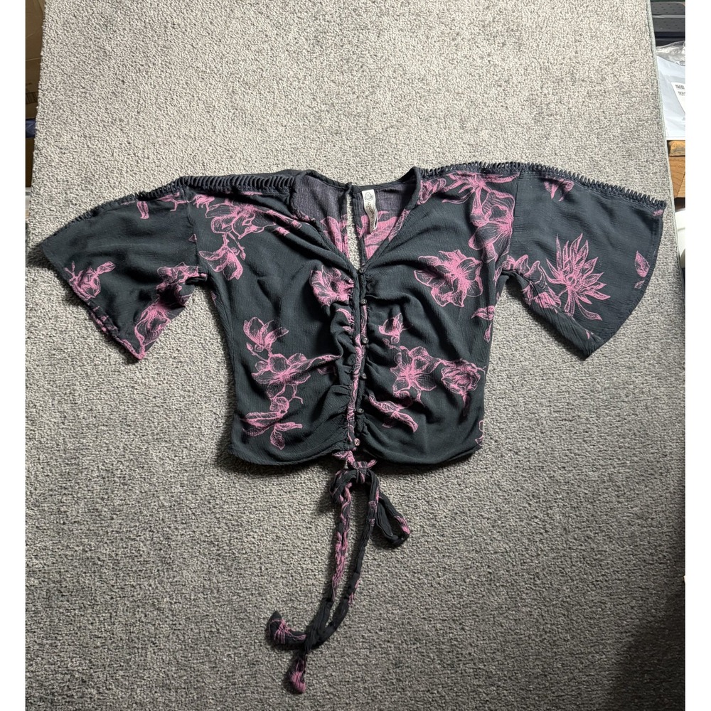 American Rag Womens Floral Crop Top Black Pink Flutter Sleeve Boho Blouse Small